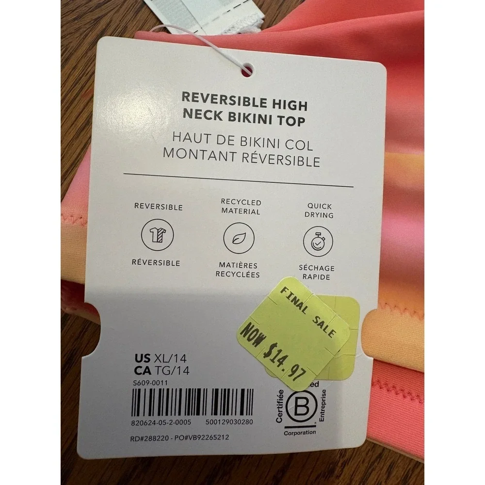 Athleta Girl Reversible High Neck Bikini‎ Top XL 14 Sunset Ombre Coral Pink